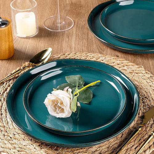 AmorArc Ceramic Dinnerware Sets for 4, 12 Pieces Handpainted Plates and Bowls Set with Rustic Terracotta Underside, Scratch Resistant Stoneware Dishes Set, Dishwasher & Microwave Safe
