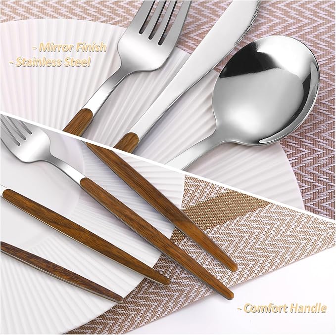 20-Piece Silverware Set with Cake Fork, Stainless Steel Flatware Cutlery Set for 4, Tableware Eating Utensils Set with Wooden effect Handle, Include Knife Fork Spoon, Mirror Finish, Dishwasher Safe