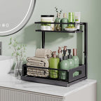 Under Sink Organizer, Cabinet Organizer for Kitchen, Height Adjustable Pull Out Heavy Duty 2 Tier Metal Under Sink Storage for Bathroom Pantry (Black, 1 Pack)