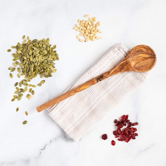 12 Inch Olive Wood Round Spoon, Natural and Organic Olivewood for Pasta, Mixing - Quality Handmade Wooden Kitchen Gift