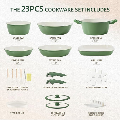 23pcs Ceramic Pots and Pans Set, Nonstick Detachable Handle Cookware, Induction Kitchen Cooking Set with Removable Handle,include Frying Pans & Saucepans Oven Safe(Green)