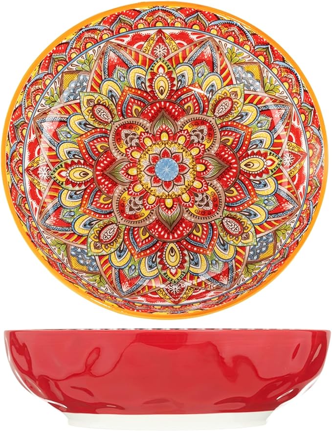 Boho Large Serving Bowls, 10.2 Inch Fruit Salad Bowls, Decorative Serving Dishes for Entertaining, 80 OZ Pasta Bowls Set of 2, Vibrant Colorful Soup Bowls for Party, Home Decor, Bohemian Style Gift