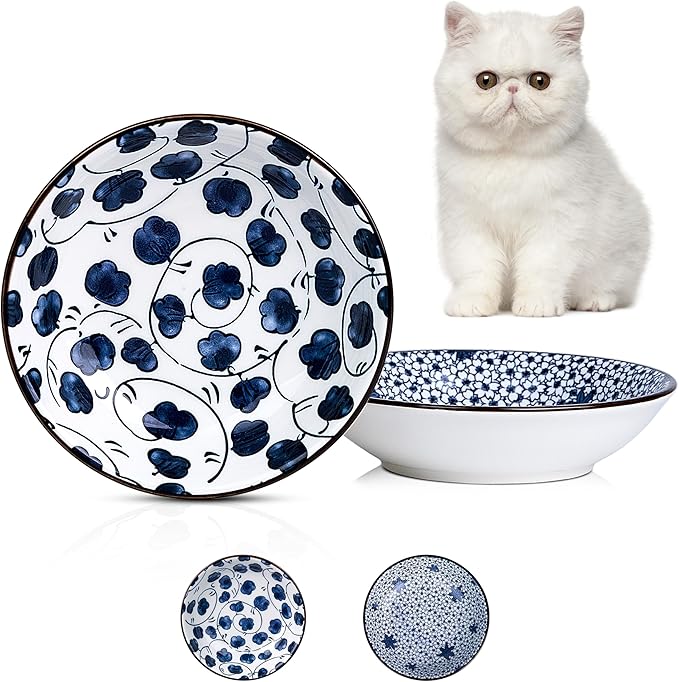 Ceramic Cat Bowls Set of 2, Vintage Blue and White Pet Dog Bowl for Food & Water, 5.5 in Small Kitten Wide Shallow Dishes for Indoor Cats