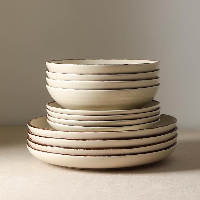 Earth and Clay Heath 24-Piece Dinnerware Set Stoneware, Plates and Bowls Set, Dishwasher and Microwave Safe, Dish Set for 8, Coffee