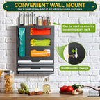 KOCWELL Bag Organizer & Plastic Wrap Dispenser with Cutter, 6 In 1 Bamboo Foil & Plastic Wrap Organizer for Kitchen, Food Storage Bag Organizer