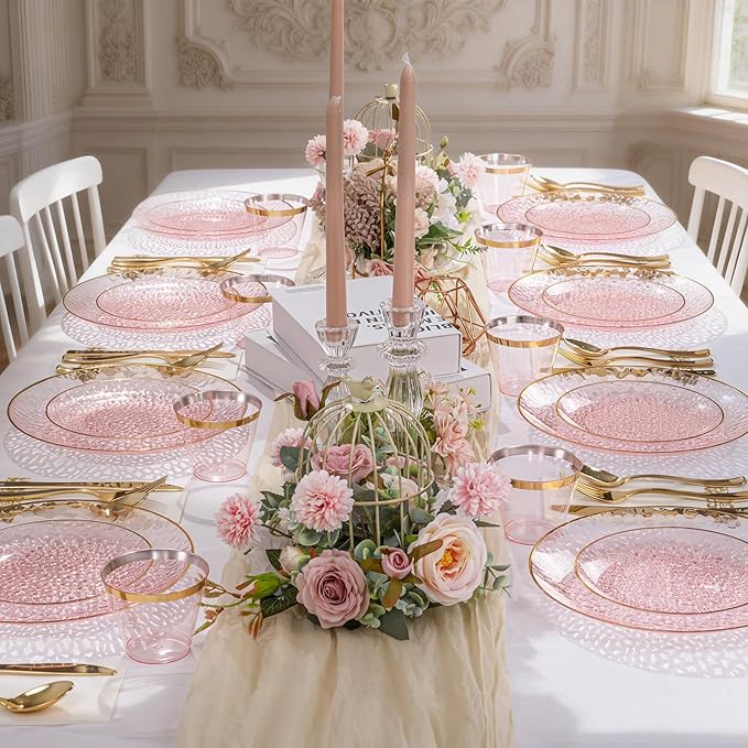 DaYammi 175 Pcs Pink Plastic Plates Dinnerware Set (25 Guests), Pink Disposable Plates, Hammered Party Platos Set Include Dinner Platos, Dessert Plates, Cups, Cutlery for Mother's Day Party