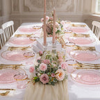 DaYammi 350 Pcs Clear Pink Plastic Plates, Hammered Disposable Dinnerware, Pink Plates Set Include 100 Plastic Platos, 150 Gold Disposable Silverware, 50 Cups And 50 Napkins for Mother's Day Party