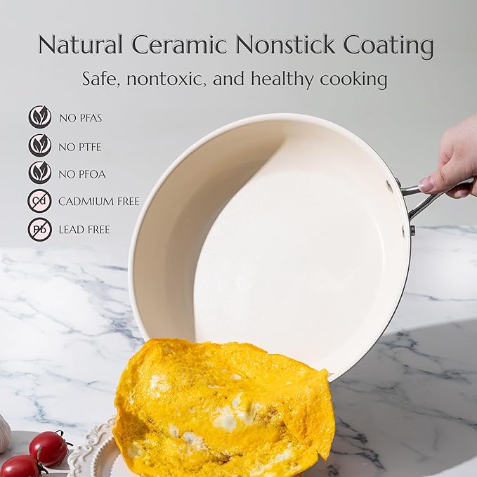 UUKRAVE Nonstick Ceramic Frying Pan Set, Ceramic Pan Skillet for Cooking, Healthy & Non-Toxic, PFAS/PTFE/PFOA-Free, Induction Compatible, Dishwasher & Oven Safe, 8"/9.5"/11", Cream
