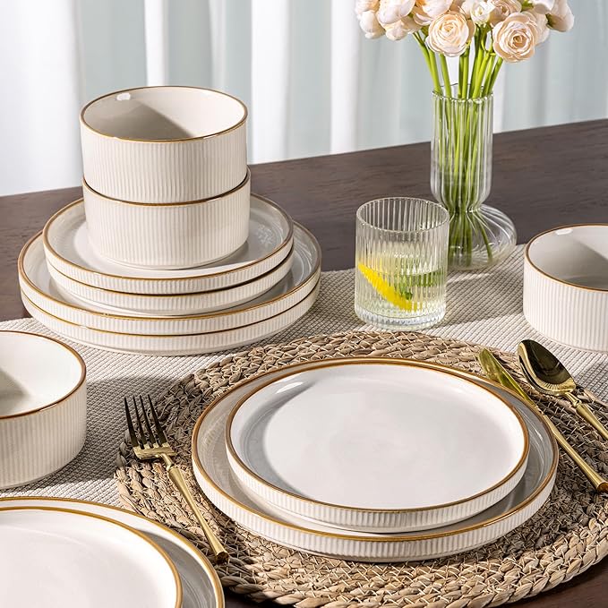 GBHOME 12-Piece Stoneware Dinnerware Set for 4 – Ribbed Ceramic Plates and Bowls, Scratch-Resistant, Microwave & Dishwasher Safe, Reactive Glaze, White with Honey-Brown Edge