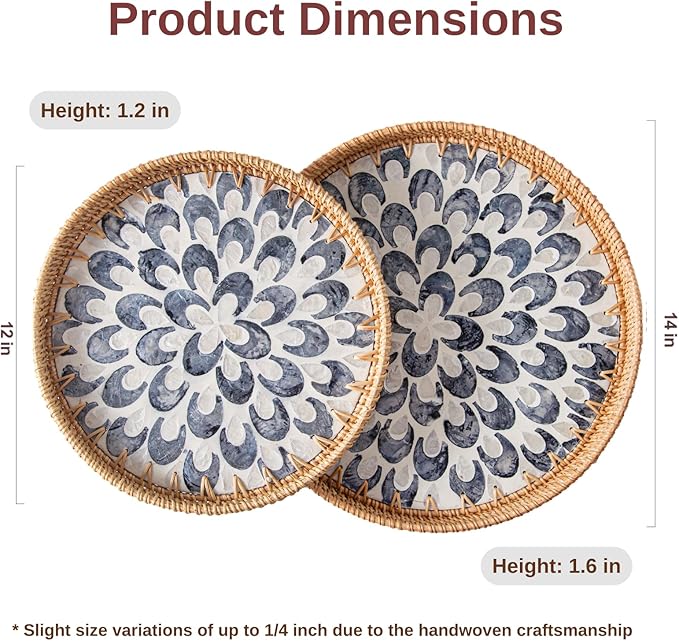 Round Rattan Tray Home Decor, 12'' Wicker Serving Tray with Mother of Pearl Inlay, Boho Decorative Tray for Coffee Table, Bathroom, Ottoman, Kitchen Table (Coastal Blue)