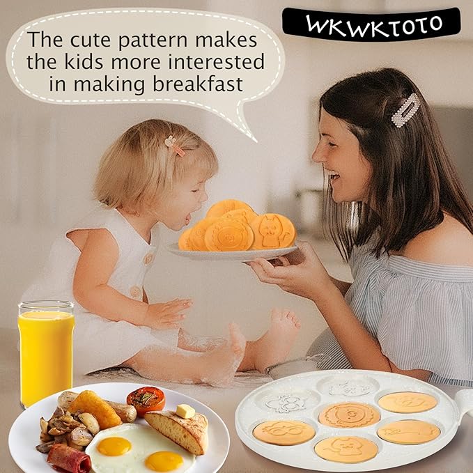 Pancake Maker Egg Frying Pan Suitable for All Stovetops & Induction Cooker, 10.5 Inch Animal Pancake Pan, 7 Molds Pancake Maker with PFOA Free Coating-Beige