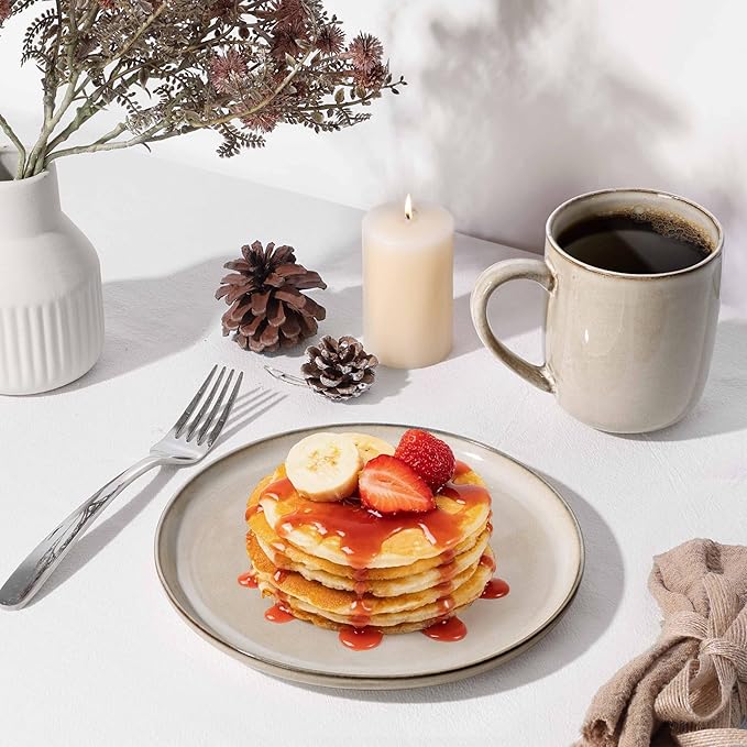 Herogo Stoneware Plates and Bowls Sets for 6, 18 Pieces Modern Round Dinnerware, Reactive Glaze Dishes Set for Kitchen, Chip Resistant, Microwave & Dishwasher Safe, Cream Khaki