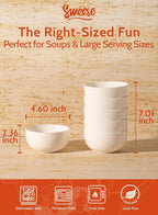 Sweese 10 Oz Porcelain Bowls Set of 6 - Versatile for Cereal, Soup, Salad, Pasta, Oatmeal - Microwave Dishwasher Safe, White