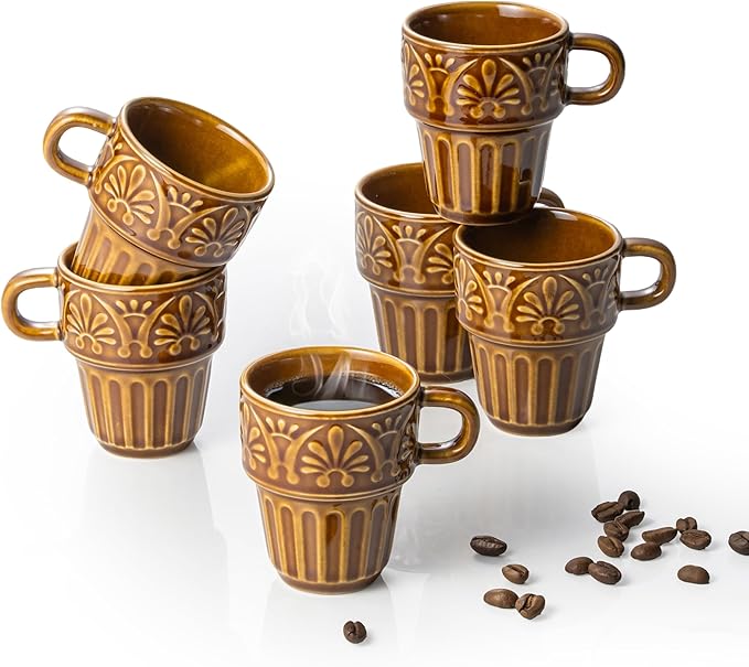 Ceramic Coffee Mug, Stackable Mug 3.3 OZ Coffee Mugs, Espresso Cups, Mugs Set of 6 for Latte Milk Hot Chocolate, for Men Women Kids, Ideal for Home Restaurant Daily Use & Holiday Gifting, Brown