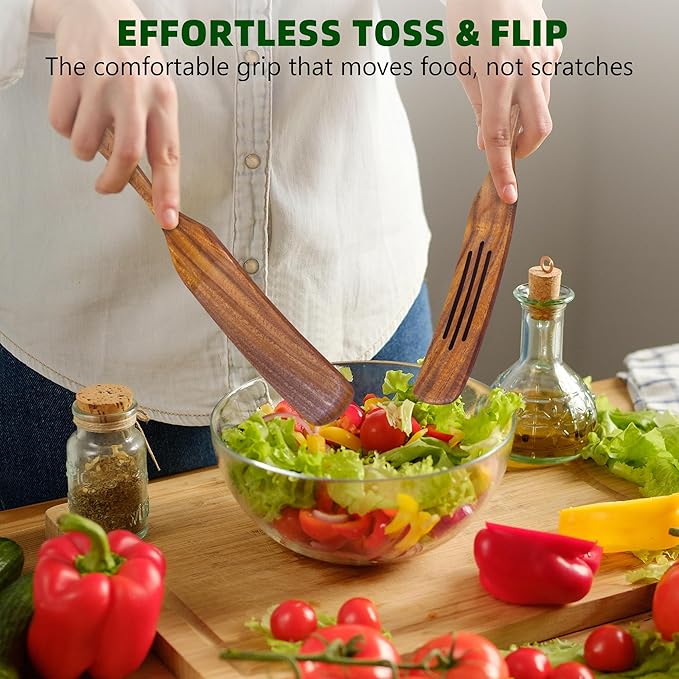 7 PCS Wooden Spatula for Cooking, Natural Teak Wooden Utensil Set, Non-Toxic Wood Cooking Utensil, Handmade Comfort Grip Wood Spoons for Nonstick Cookware