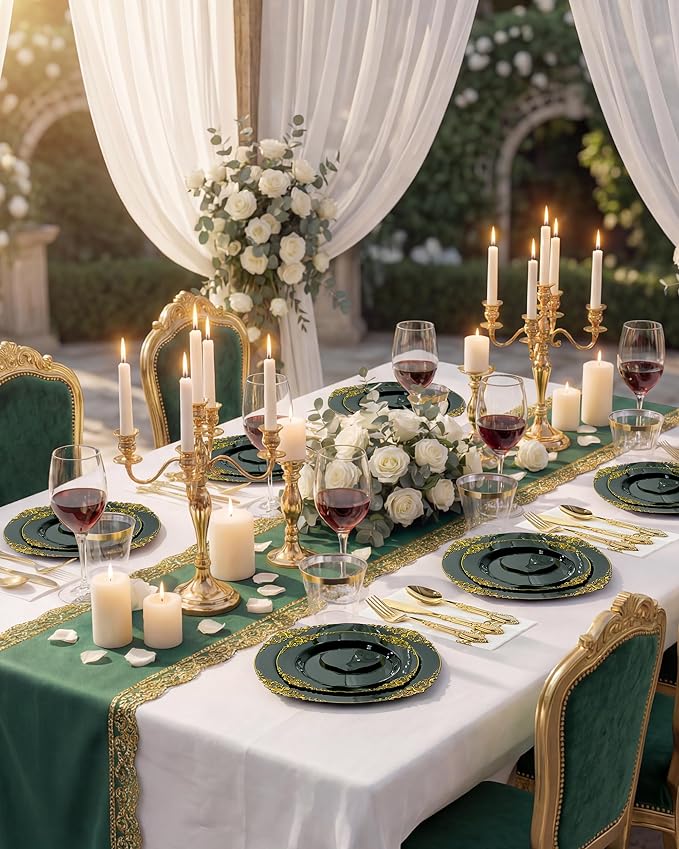 Morejoy 175PCS Green Plastic Plates - Green Gold Plastic Dinnerware Set Include 25Dinner Plates, 25Dessert Plates 75Cutlery, 25Cups, 25Napkin Perfect for Party & Wedding