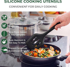 TeamFar Silicone Cooking Utensils Set of 6, Heat Resistant Kitchen Utensils, Spatula Ladle Spoon Pasta Server for Non-stick Cookware, Non-Toxic & One-Piece, Non-Scratch & Dishwasher Safe, Black