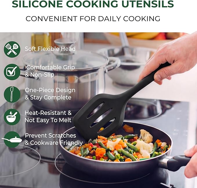 TeamFar Silicone Cooking Utensils Set of 6, Heat Resistant Kitchen Utensils, Spatula Ladle Spoon Pasta Server for Non-stick Cookware, Non-Toxic & One-Piece, Non-Scratch & Dishwasher Safe, Black
