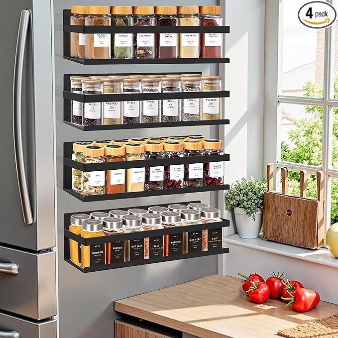 Magnetic Spice Rack Organizer for Fridge Seasoning Organizer for Kitchen storage with Screw Magnetic Shelf with Hook for Refrigerator and Oven (4pack-Black)