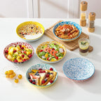vancasso 8.5" Pasta Bowls Set of 6, 40 oz Porcelain Shallow Salad Bowls, Serving Bowls Large Kitchen Bowl Plates Pasta Dishes Plates, Colorful Floral Design, Microwave Safe, Series SELENE