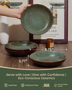 Pokini 16 Piece Double Bowl Dinnerware Sets with Pasta Bowls, Highly Chip and Crack Resistant Plates and Bowls Sets, Natural Earthyware Ceramic Dishware Sets, Service for 4 Sage Green