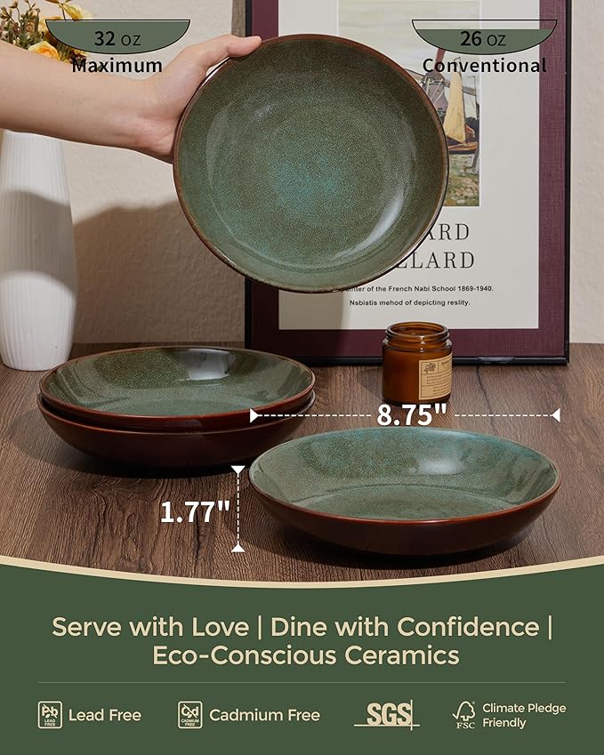 Pokini Stoneware Pasta Bowls Set of 6, 8.75 Inch Ceramic Bowl Set 32 Oz, Microwave & Dishwasher Safe Bowl Plates, Large Salad Bowl for Serving Soup, Pasta, Noodle, Dinner, Brown Green