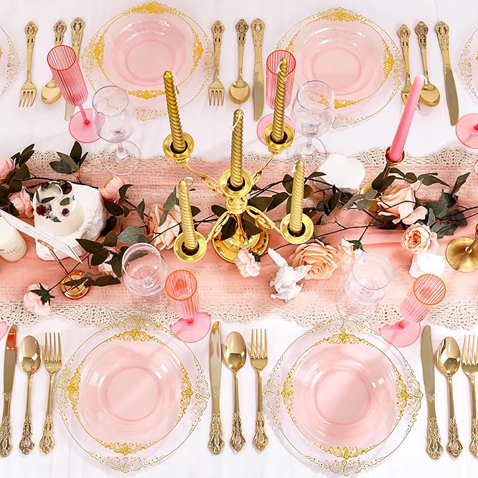 100PCS Clear Pink Plastic Bowls - 12 oz Pink Gold Disposable Salad Bowls - Heavy Duty Disposable Soup Bowl - Fancy Plastic Ice Cream Bowl for Weddings Parties Dinners Picnics Mother’s Day