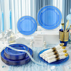 350PCS Clear Blue Plastic Plates for 50 Guests, Disposable Dinnerware Set for Party and Graduation, Includes 100 Plastic Plates, 50 Pre Rolled Napkins with Gold Silverware, 50 Cups