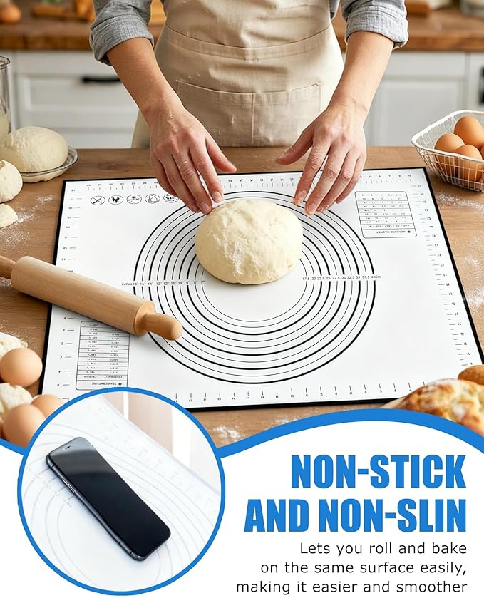 Silicone Pastry Mat with Measurements, 28" x 20" Extra Large Silicone Baking Mat, Non-slip Pastry Rolling Sourdough Baking Mat, Bread Rolling Dough Mats Sheet for Fondant,Pizza,Pie,Cookies