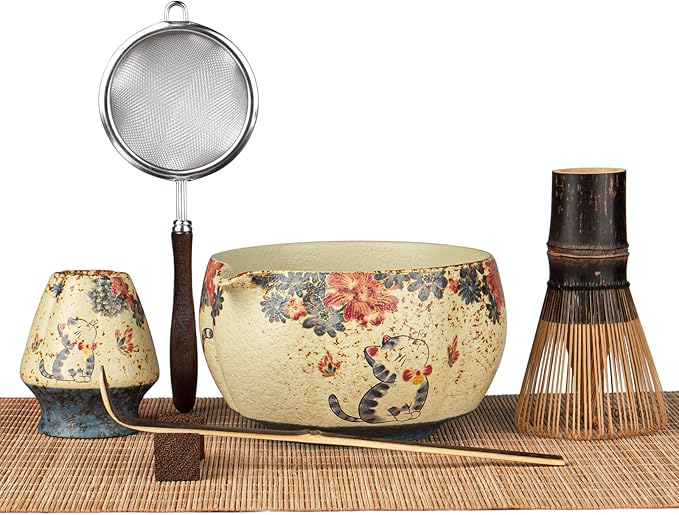 Matcha Whisk Set, 7-Piece Matcha Kit with Ceramic Bowl, Bamboo Whisk, Scoop, Sifter, Holder & Bamboo Mat – Premium Matcha Tea Set for Beginners & Matcha Lovers, Gift Ready