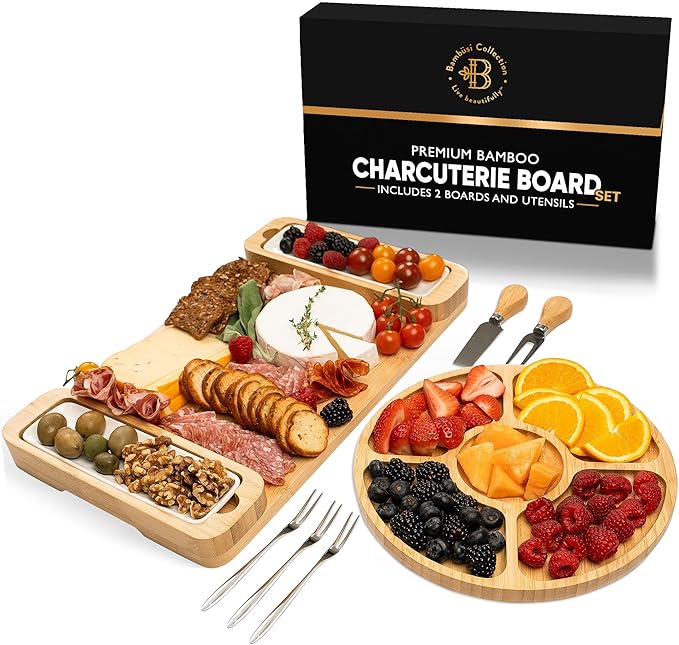 Charcuterie Boards - Large Bamboo Cheese Board Gift Set with Serving Tray, Knives & Bowls for Meat, Cheese & Crackers - House Warming Gifts New Home, Wedding Gift for Couple, Birthday Gifts for Women
