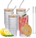 16oz Glass Cups with Lids and Straws, 4 Pack Vintage Drinking Glasses Tumblers Polka Dot Iced Coffee Cups for Kitchen, Home, Office, Gifts