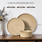 E-far Stoneware Dinnerware Sets for 2, 6-Piece Plates and Bowls Sets, Chip & Scratch Resistant Ribbed Dish Set for Home Restaurant, Microwave & Dishwasher Safe, Caramel Khaki
