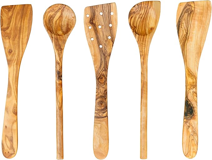 Tramanto Olive Wood Utensil Set - 5 Piece Spatula and Spoon Wooden Cooking Tools, 12 Inch Long, Rustic Hand Made with Gift Box