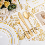 NOCCUR 700PCS Gold Disposable Dinnerware Set for 100 Guests - Include 200 Gold Dinner/Dessert Plates, 100 Napkins, 100 Cups, 300 Plastic Silverware for Wedding/Party/Thanksgiving