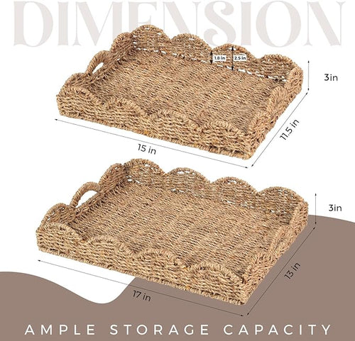 2Pcs - Scalloped Basket, Decorative Basket, Seagrass Tray (17 x 13 x 3 inch - 2Pcs) with Scalloped Edge and Built-in Handles, Rectangle Serving/Rattan/Wicker/Woven/Basket Tray