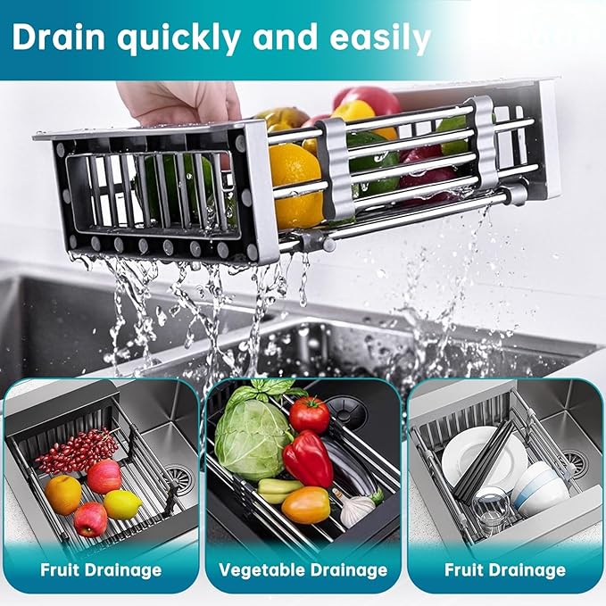 TUTEW Dish Drying Rack, Stainless Steel Dish Drainer with Adjustable Arms Holder Functional Kitchen Sink Organizer for Vegetable and Fruit, Black Large