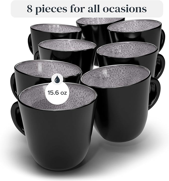 PURE LIVING INTERIOR DESIGN Stoneware coffee mugs set 8 pcs – 14.5 oz dark gray ceramic cups – Dishwasher and microwave safe – Modern stylish coffee cup set – Dinner service