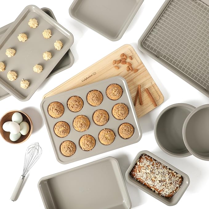 Calphalon Legacy 10-Piece Nonstick Bakeware Set, PFA-Free Nonstick Coating, Oven Safe, Includes Sheet Pans, Muffin Pan, Round Cake Pans, Loaf Pan and Cooling Rack, Cream Grey