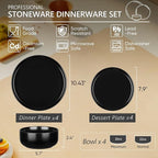 Herogo 12 Pieces Stoneware Dinnerware Sets Service for 4, Dinner Plates and Bowls Sets, Double Reactive Glaze Dishes Sets for Kitchen, Scratch Resistant, Microwave & Dishwasher Safe, Matte Black