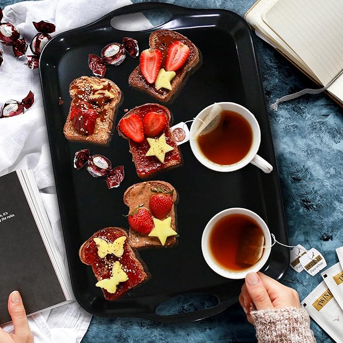 Czlizdyt 17.5 x 12’’ Large Melamine Serving Tray with Handles, Set of 2 Rectangular Melamine Serving Platters, Dishwasher Safe Trays for Eating, Appetizer, Charcuterie, Snack, Fruits, Desserts, Black