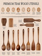 12-Piece Natural Teak Wood Utensil Set with Holder & Rest - Nonstick Cooking Spoons, Spurtles, Heat Resistant Tools