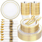Ciaell 350PCS Clear Plastic Plates with Gold Trim for 50 Guests,Includes 100 Plastic Plates, 50 Pre Rolled Napkins with Gold Silverware, 50 Cups, Disposable Dinnerware Set for Wedding & Party