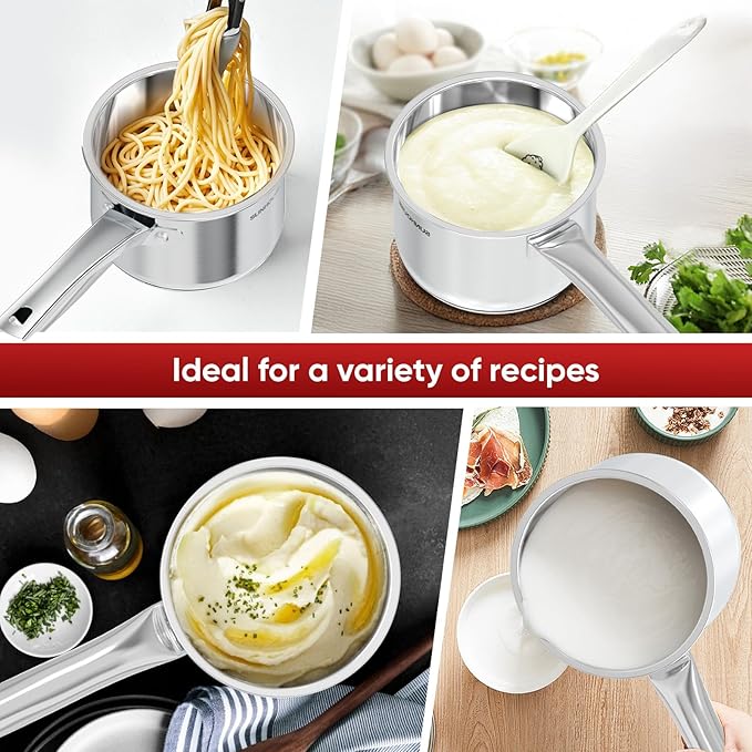 SUNHOUSE- 2 Quarts Stainless Steel Sauce Pan with Lid - PFOA-FREE, Stainless Steel Sauce Pan, Advanced Impact Bonding Induction Base, Stay-Cool Handle, Compatible with All Cooktops