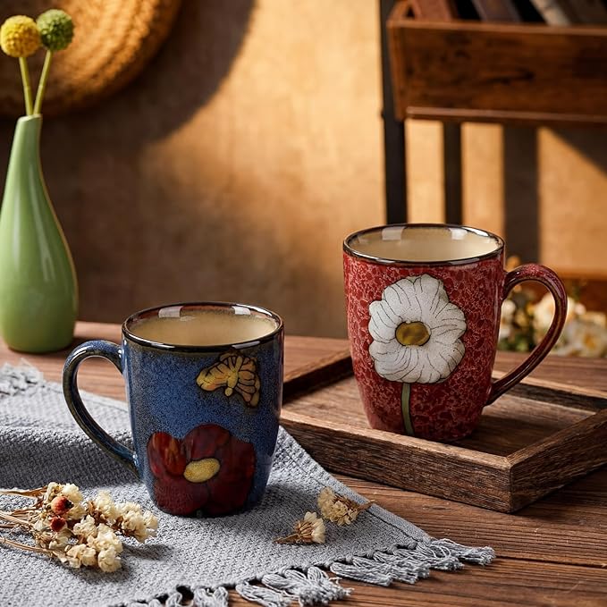 Maxdot 2 Pcs 12oz Ceramic Coffee Mugs Sets Glazing Process Cappuccino Mug Floral Ceramic Tea Cups Mother's Day Idea Gift for Women Mom Porcelain Cup for Coffee, Cocoa, Tea, Latte (Rustic)