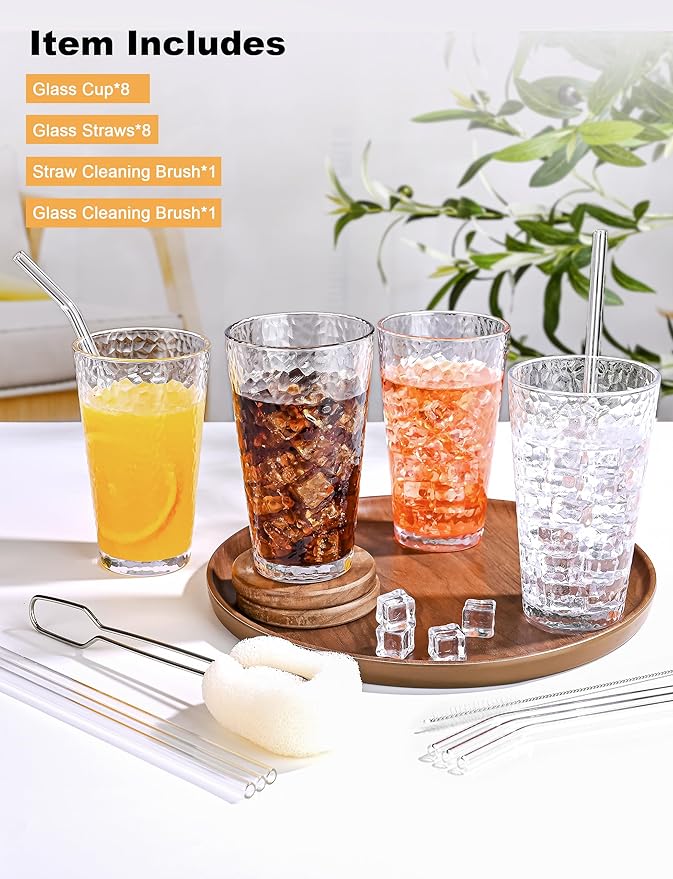 Amyoole Drinking Glasses Set of 8,16oz Clear Highball Water Glasses,Stackable Lead-Free Hammered Glass Cups,Kitchen Drinkware Glassware for Cocktail,Beer,Juice,Iced Tea,Margaritas and Mixed Drinks