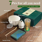 Matcha Whisk Set,7 PCS Ceramic Matcha Kit Includes Matcha Bowl with Spout, Matcha Whisk and Holder, Bamboo Scoop, Stainless Sifter, Tea Towel, Unique Gift for Matcha Lovers (White)