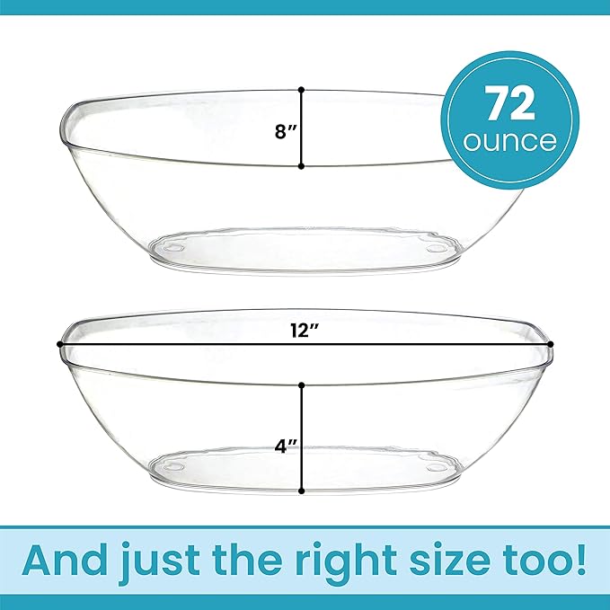 PLASTICPRO Disposable Oval Serving Bowls, Party Snack or Salad Bowl, 72-Ounce, Plastic (4, Clear)