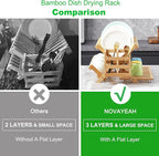 NOVAYEAH Bamboo Dish Drying Rack with Utensil Holder, Collapsible Wooden Dish Drainer Rack, 3-Tier Large Folding Drying Holder for Kitchen Counter 51 pcs Grid