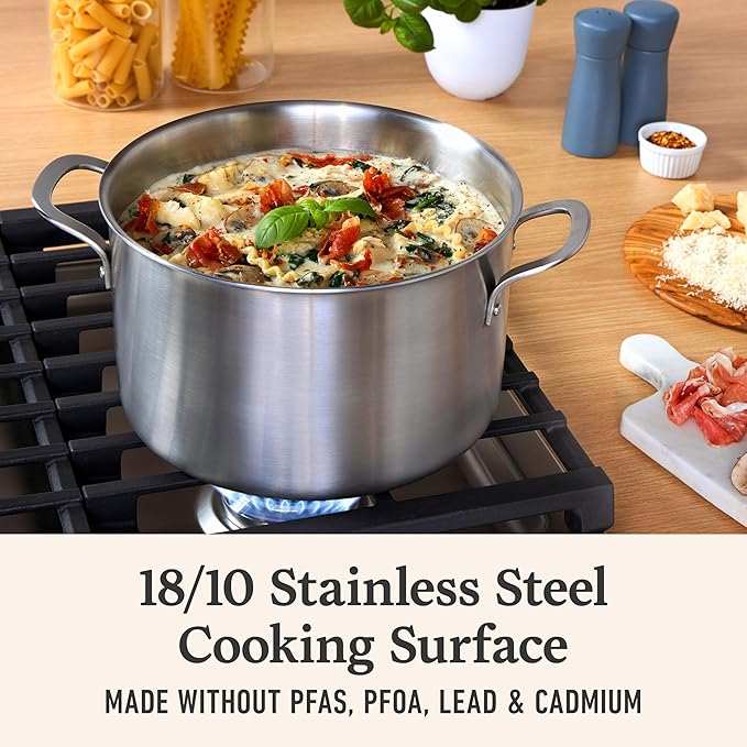 Calphalon Brushed 3-Ply Stainless Steel Cookware Set w/Turbo Heat Tech 6Qt Stock Pot with Lid, Induction, Oven Safe 450F, Brushed Stainless Silver